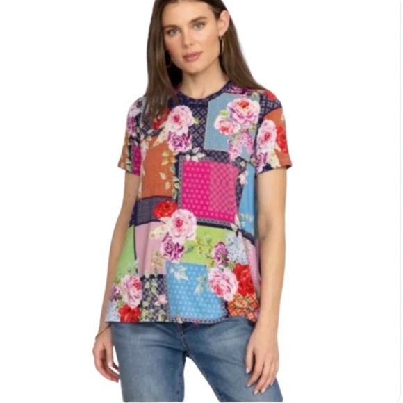 Johnny Was Tops - NWT Johnny Was Rose Patch Top Tee Multi Color Stretch JANIE Crewneck A-Line XXS